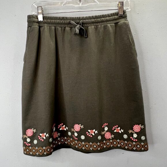 J Jill Knit Skirt XS Petite Embroidered Floral Pull On Watercress Olive Green - Picture 1 of 6